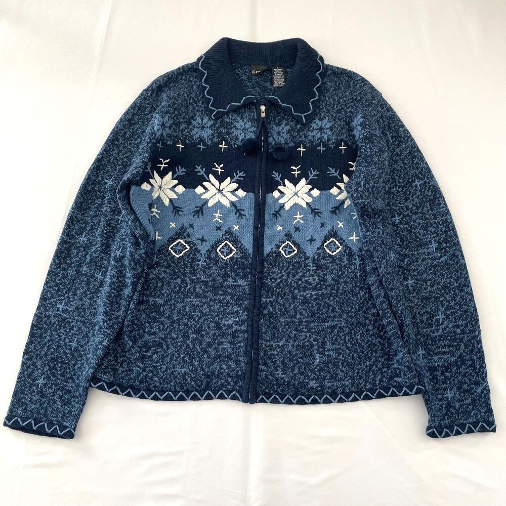 ERIKA Womens L Blue Snowflake Embroidered Full Zip Cardigan Sweater Ramie Cotton